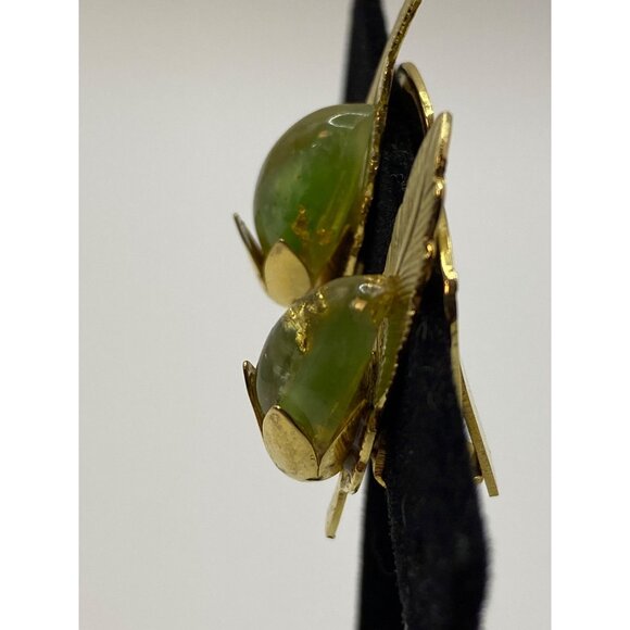 Vintage Leru Green Cabochon Gold-Tone Clip-On Earrings J0260 - Picture 6 of 11